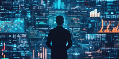 Poster - Big data analytics and business intelligence displayed on a digital interface with chart and graph icons, while a businessman analyzes data in the background.