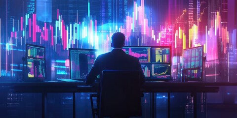 Fototapete - Business finance and technology in 2025, focusing on stock market investments, digital assets, and a businessman analyzing financial data and forex trading graphs.