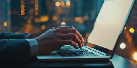 Fototapete - Browsing internet data and information using a blank search bar, representing SEO and networking. A businessman works on a laptop in an office setting.