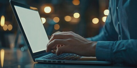 Fototapete - Browsing internet data and information using a blank search bar, representing SEO and networking. A businessman works on a laptop in an office setting.