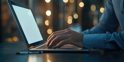 Fototapete - Browsing internet data and information using a blank search bar, representing SEO and networking. A businessman works on a laptop in an office setting.