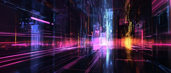 Poster - A colorful cityscape with neon lights and reflections. Scene is energetic and futuristic