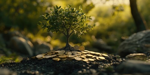 Renewable energy and financial growth concept. A tree grows from coins, symbolizing investments in green energy and sustainable finance.