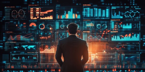 Fototapete - Big data analytics and business intelligence concept. Charts and graphs on a digital interface with a businessman analyzing data in the background.