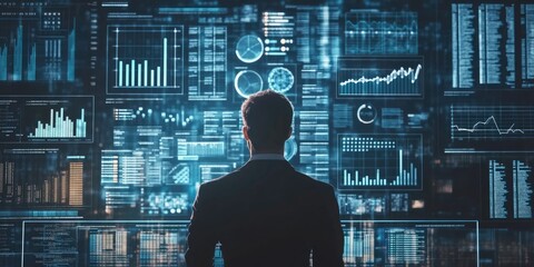 Wall Mural - Big data analytics and business intelligence concept. Charts and graphs on a digital interface with a businessman analyzing data in the background.