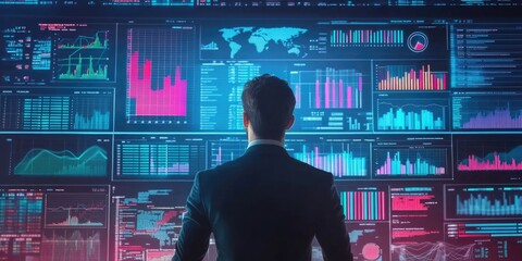 Fototapete - Big data analytics and business intelligence concept. Charts and graphs on a digital interface with a businessman analyzing data in the background.