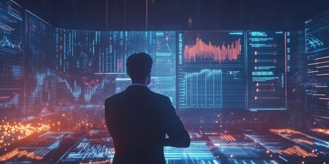 Fototapete - Big data analytics and business intelligence concept. Charts and graphs on a digital interface with a businessman analyzing data in the background.