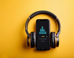 Listening podcast with smartphone player app. Smartphone and wireless headphone with podcast screen on yellow background.