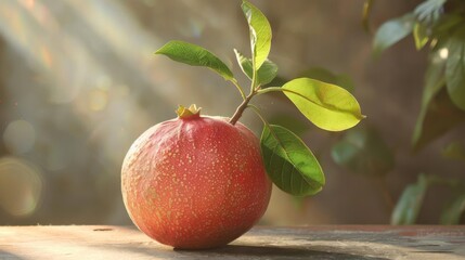 Wall Mural - Fresh apple attached to tree branch with sunlight shining through leaves,