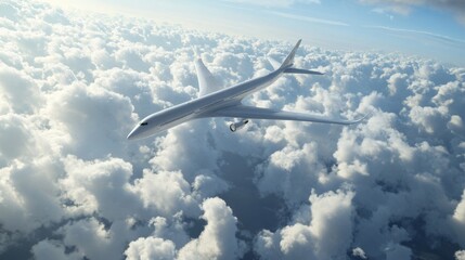 2410 57.A jet airliner flies high above the clouds, its sleek design captured mid-flight with the sun casting a soft glow on its blank livery. The background of fluffy white clouds and blue sky