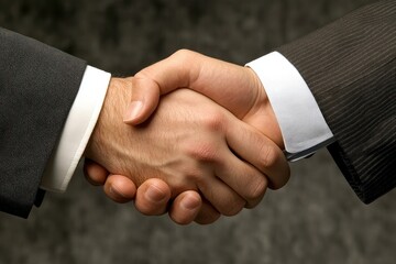 Two men in suits shaking hands in a close-up.