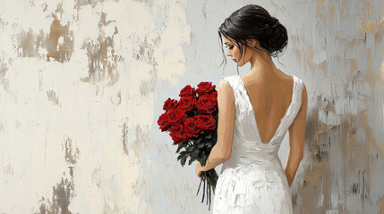 Wall Mural - A young woman wearing a white dress, holding a red rose