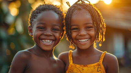 Two joyful children smile brightly in the golden glow of sunset, showcasing happiness and carefree innocence in a vibrant outdoor setting.