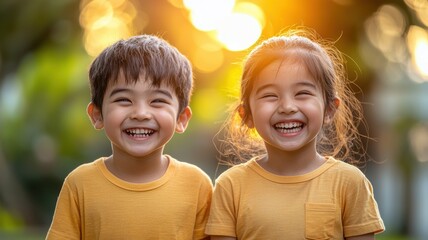 Two cheerful children in matching yellow shirts smile brightly against a warm, sunlit background, radiating joy and innocence.