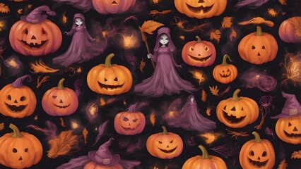 Halloween vibrant background of pumpkins, ghosts, and witches, painted in shades of dark pink and orange, holiday event Halloween background concept for digital banner advertisement