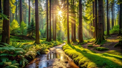 Canvas Print - Golden sunlight streams through a dense forest canopy, illuminating a winding stream that cuts through the lush green undergrowth.