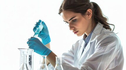 Poster - Side view of a woman in a lab coat pouring a biotech solution from a test tube into a beaker.