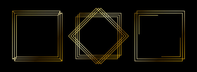 Poster - Gold thin frames set. Golden square borders in art deco style. Thin linear radiance rectangular element collection. Luxury shiny glowing boarder pack. Vector bundle for photo, cadre, poster, card, tag