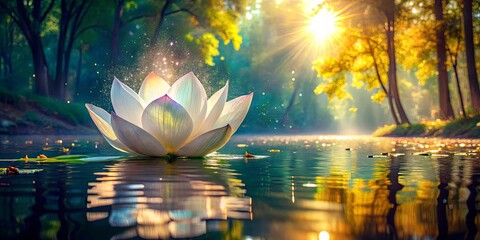 Canvas Print - A single lotus flower in bloom, a beacon of serenity in the heart of a tranquil pond surrounded by trees with soft sunlight filtering through the canopy