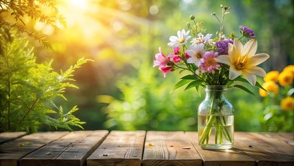 Poster - A Bouquet of Delicate Blooms in a Glass Vase on a Wooden Table with a Natural Background of Lush Greenery and Sunlit Rays