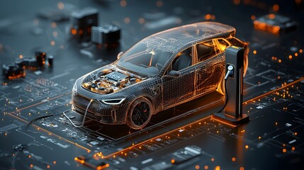 Stylized glowing wireframe mesh depicting an electric car charging at a futuristic luminous charging station  The scene showcases a modern eco friendly transportation concept with a digital