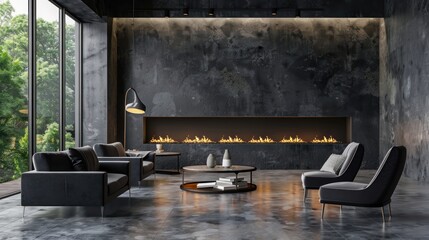 Dark gray contemporary living room interior with fireplace, sofa and armchairs. abstract wall