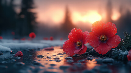 serene scene featuring vibrant red flowers adorned with dew, set against soft, glowing sunset. tranquil atmosphere evokes sense of peace and beauty in nature