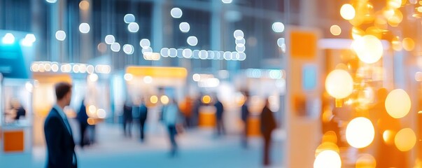 Out-of-focus trade show environment, bright lights highlighting various booths, capturing the professional atmosphere of a business and industry fair