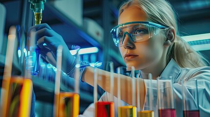 Poster - Close-up of a female scientist using a pipette with vibrant biotech solutions in test tubes.
