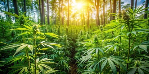 Poster - Sunlight filtering through the leaves of a lush cannabis forest, casting golden hues upon the vibrant green foliage.