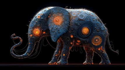 Captivating digital artwork featuring a glowing mesh elephant with intricate swirling patterns in its trunk bathed in a soft blend of blue and purple hues creating a mesmerizing