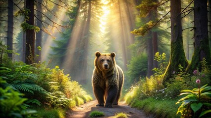 Wall Mural - A solitary bear walks through a forest path illuminated by golden rays of sunlight, casting a magical glow on the lush green foliage and creating a sense of tranquility and wonder.