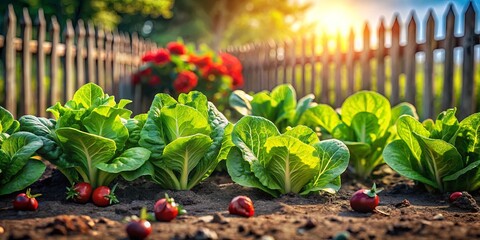 Canvas Print - A Garden of Vibrant Lettuce Plants Basking in Golden Sunlight, With a Wooden Fence In the Background and Red Tomatoes Scattered Across the Ground