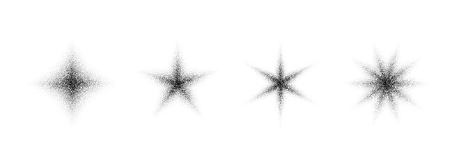 Aufkleber - Stipple grain star set. Black noise texture asterisk collection. Halftone glitter sparkles, sparks, twinkles pack for design template, poster, banner, brochure, leaflet. Vector grey dotted flares