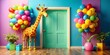 © Ole Studio - A whimsical giraffe stands near a door, surrounded by vibrant balloon bouquets in a playful room with colorful walls.