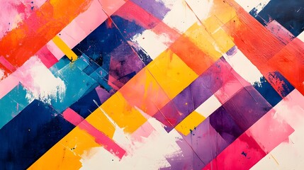 Poster - Vibrant chaotic watercolor splashes and brushstrokes blocked by harsh geometric obstacles evoking a sense of struggle tension and dynamic energy