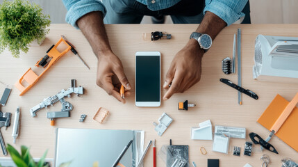 Hands holding smartphone on wooden desk surrounded by various office supplies and tools, showcasing creative workspace filled with gadgets and stationery