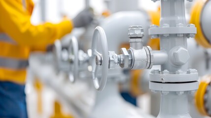 Poster - gas processing plant with extensive pipelines and workers performing routine maintenance and safety 