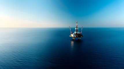 Poster - Offshore oil platform with cranes and drilling equipment standing against a blue cloudy sky representing the energy industry offshore oil and gas production and industrial