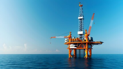 Poster - offshore oil platform with cranes and drilling equipment operating against a beautiful blue cloudy s