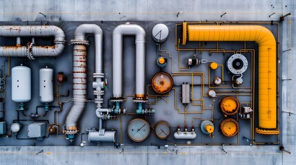 Poster - aerial perspective showcasing the expansive oil refinery complex with an intricate network of piping