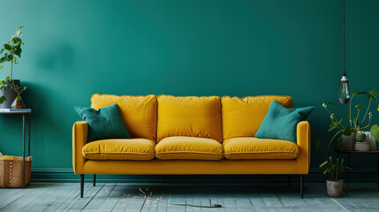 vibrant yellow sofa with blue cushions stands against teal wall, creating lively and inviting atmosphere. room features plants and decorative elements that enhance its charm