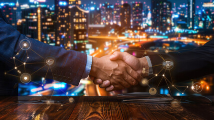 successful business partnership is symbolized by handshake between two entrepreneurs against vibrant city skyline. image captures essence of collaboration and growth in modern setting