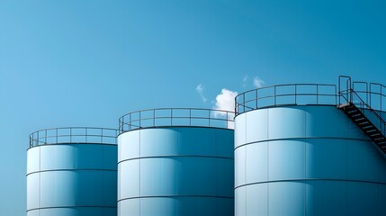 Poster - aerial view of a large industrial oil refinery with numerous large metal storage tanks and infrastru