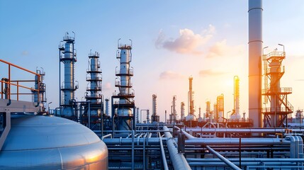 Poster - aerial view of a massive oil refinery plant with numerous large storage tanks and an array of indust