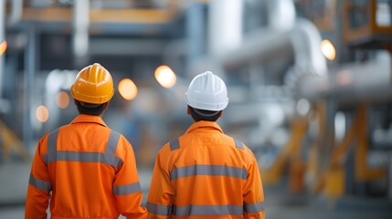 Poster - detailed close up view of an industrial oil pipeline facility with workers visible in the background