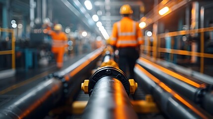Poster - detailed close up view of an oil pipeline network running through an industrial manufacturing site w