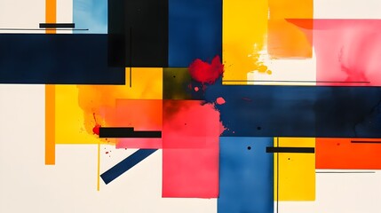 Poster - Striking abstract composition featuring geometric shapes pierced by fluid expressive watercolor splashes
