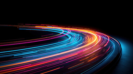 Poster - Vibrant light trails create dynamic and colorful effect, showcasing fast moving light patterns against dark background. scene evokes sense of speed and energy