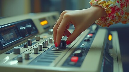 Closeup shot of a woman s hand turning and adjusting the volume control knob on a radio device isolated on a clean white or gray background with no distractions